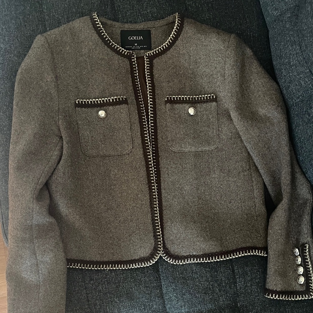 GOELIA Brown Trimmed Wool Blend Cropped Blazer